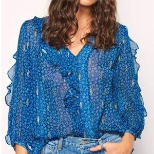 ba&sh Masha 100% Silk Blue Gold Boho Metallic Accent Ruffled 3/4 Sleeve Top S
